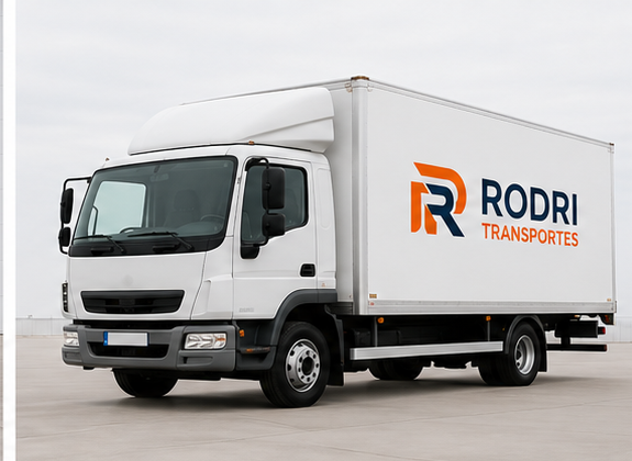 Camión mediano blanco con logotipo Rodri Transportes